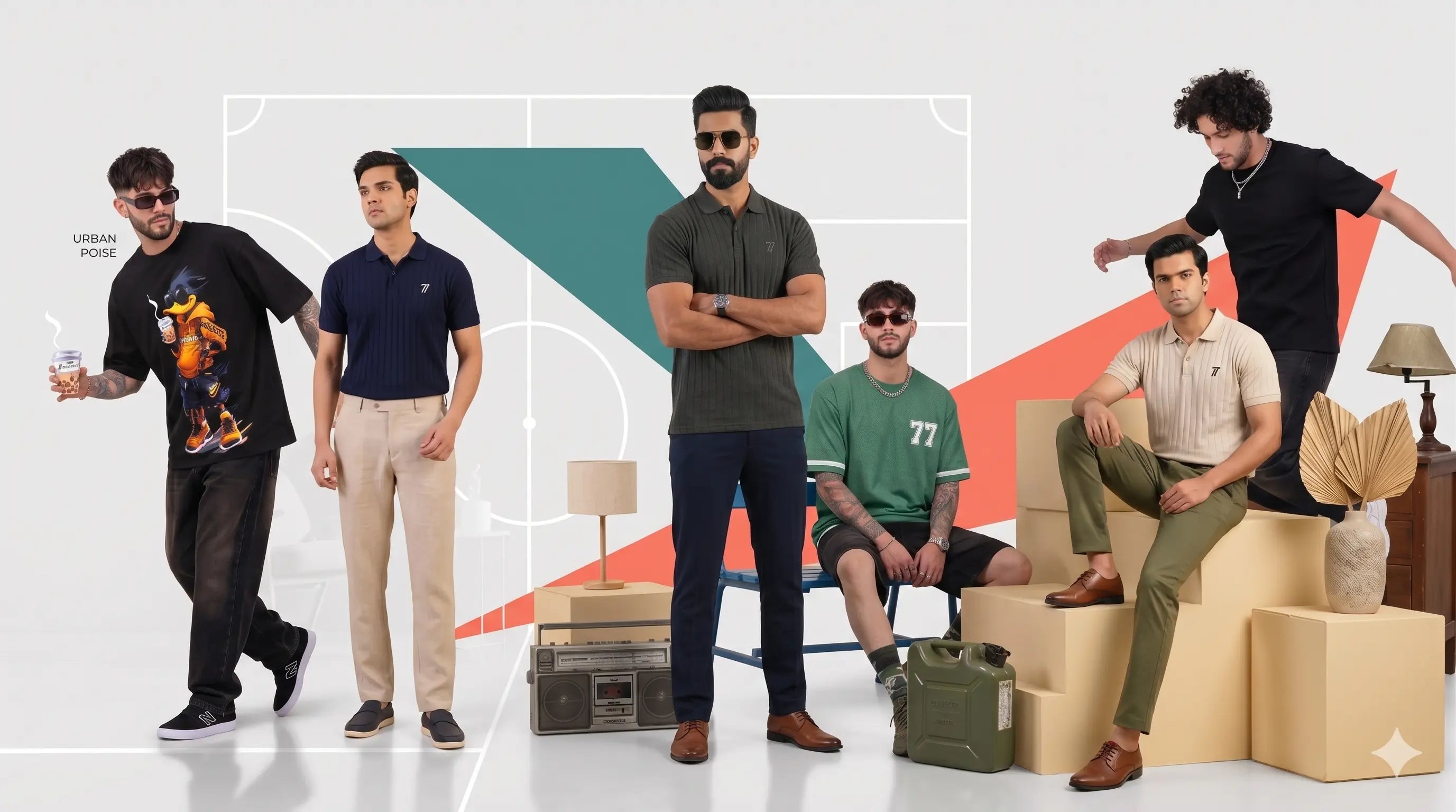 Collage of men in various outfits with a geometric background