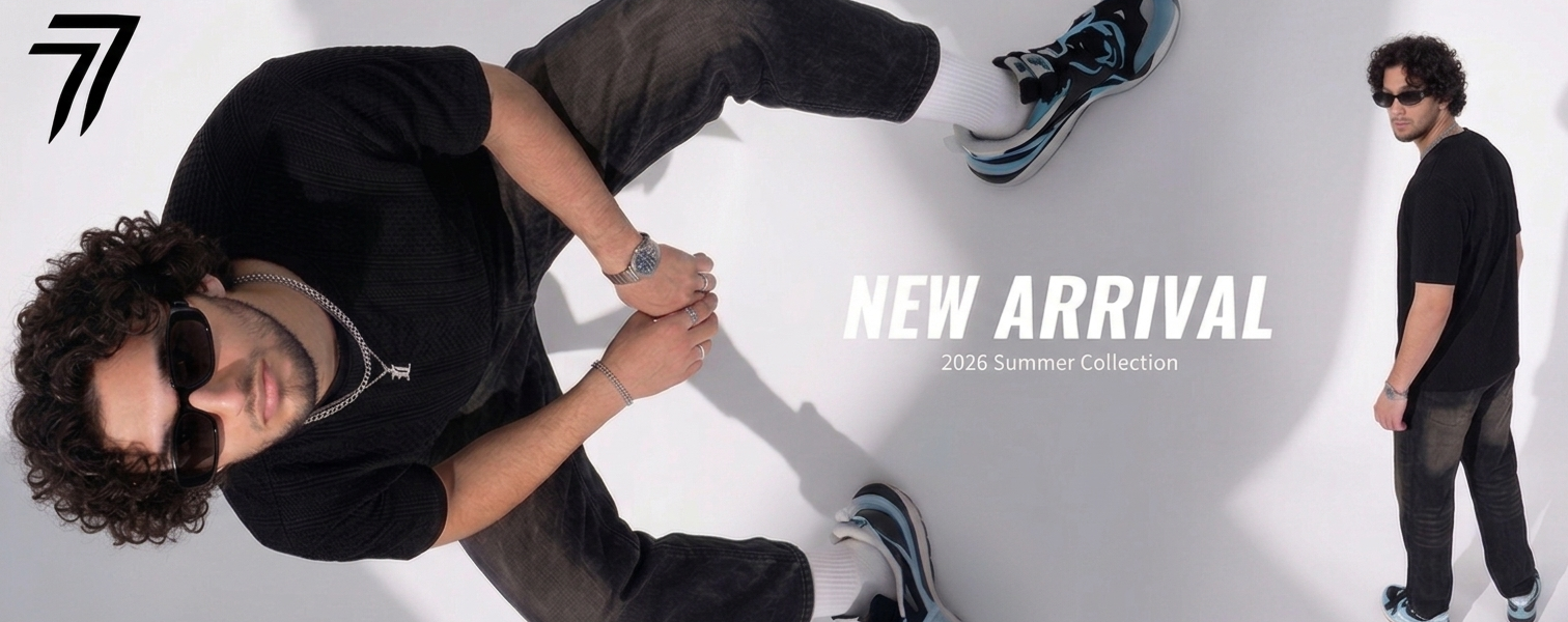 Man in black outfit with sunglasses holding a sneaker, 'New Arrival' text on a white background
